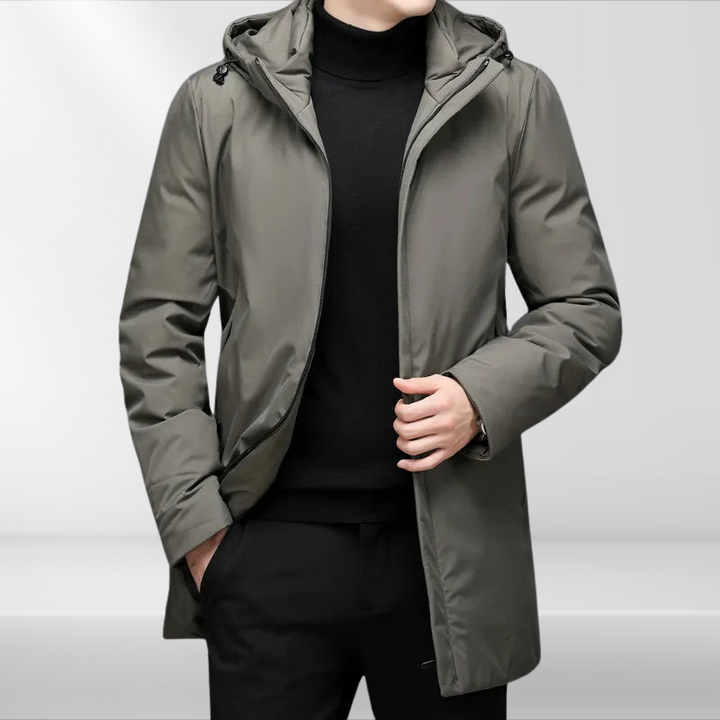 Detail of the classic men's hooded winter jacket, highlighting warm duck down filling & durable design.
