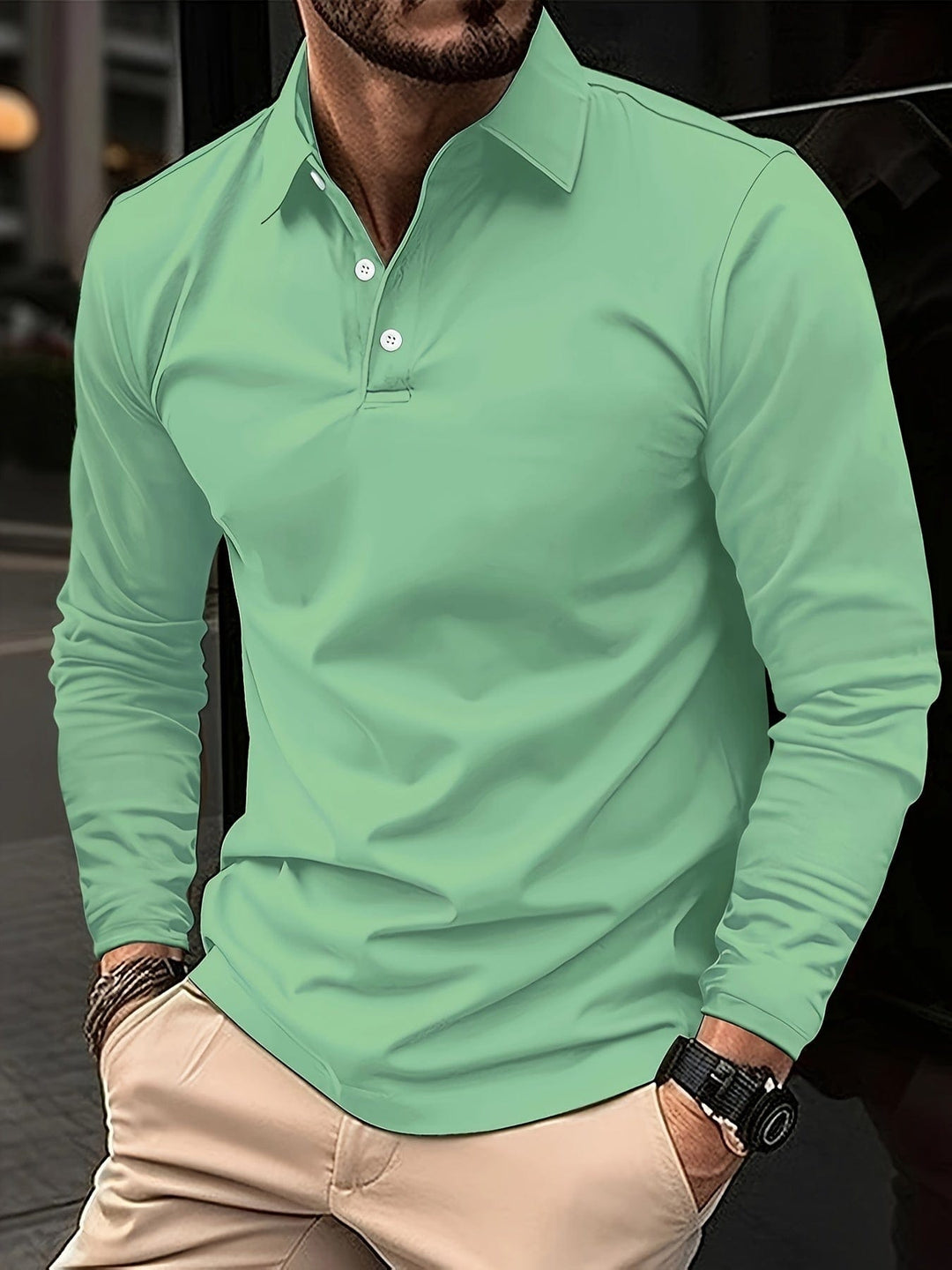 Classic men's long sleeve polo shirt for versatile casual and smart casual everyday style.