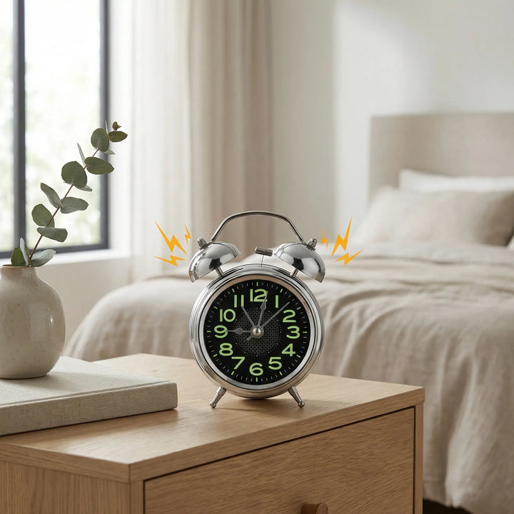 Classic retro twin bell alarm clock with loud, non-ticking silent movement, perfect for bedside vintage home decor.