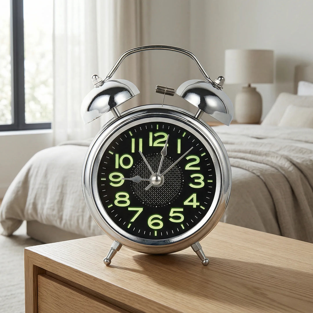 Stylish retro home decor, a classic twin bell non-ticking alarm clock, perfect vintage bedside accessory.