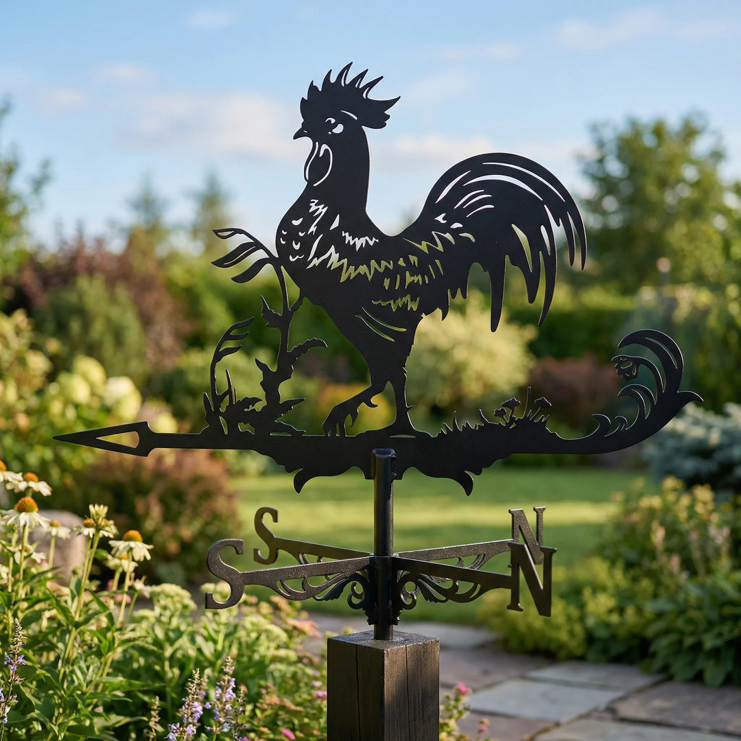 Classic rooster weathervane in copper, perfect for rooftop decor & wind direction.