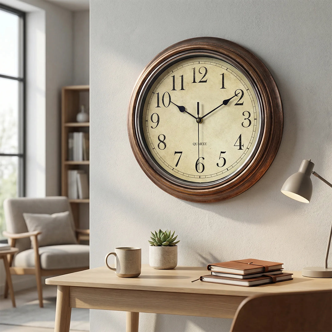 Decorative round wall clock with classic vintage style. Ideal silent timepiece for home, office, living room, or kitchen.