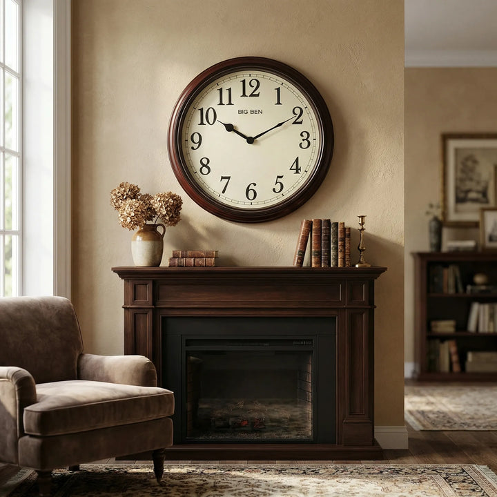 Classic round wall clock with easy-read black numbers & white face, ideal for traditional living room & office decor.