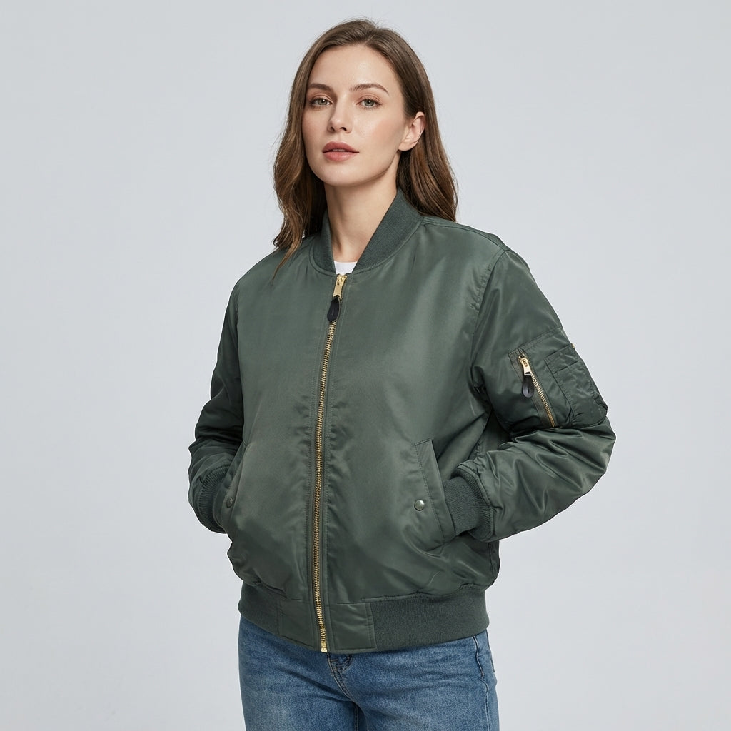 Classic unisex bomber jacket, versatile style for men & women. Stylish everyday outerwear, ideal transitional layer.