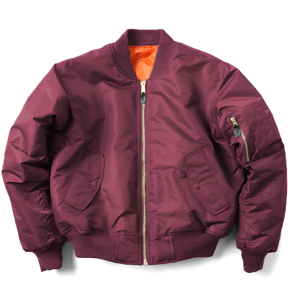 Front view of classic unisex bomber jacket. Stylish everyday outerwear, perfect transitional zip-up for men & women.