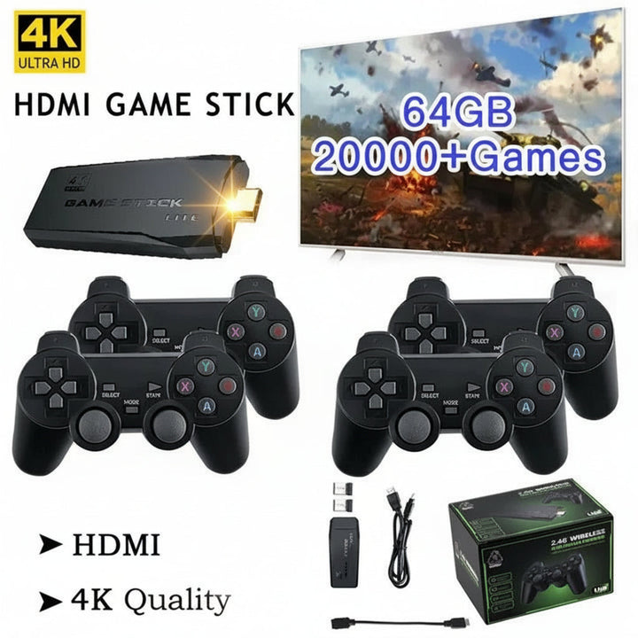 Portable HDMI game console with wireless controllers & 20,000+ classic games for TV entertainment.