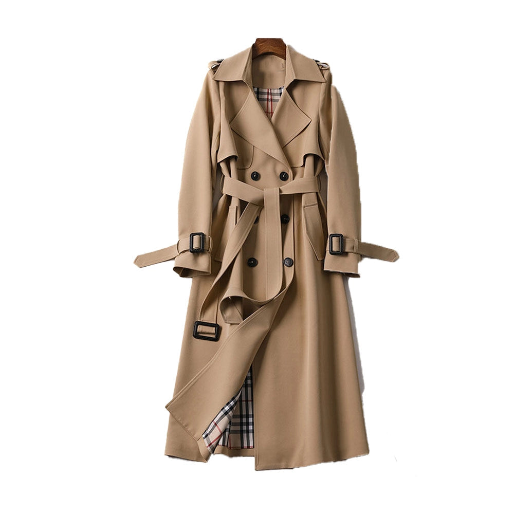 Classic women's double-breasted trench coat, elegant and versatile outerwear for timeless fashion style.