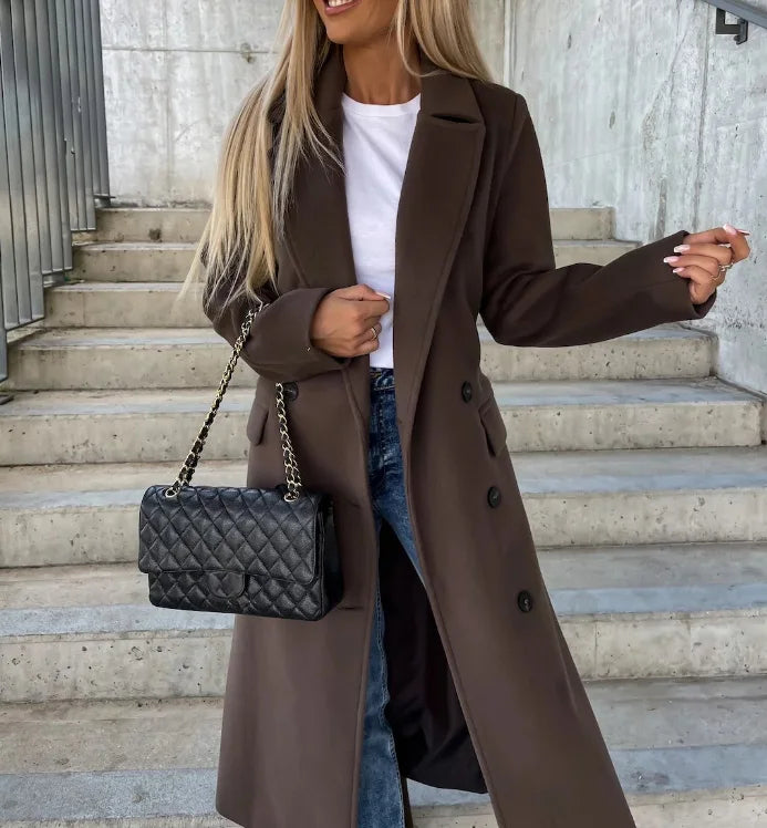 Classic women's long sleeve trench coat in beige, perfect for elegant fall and winter outerwear.