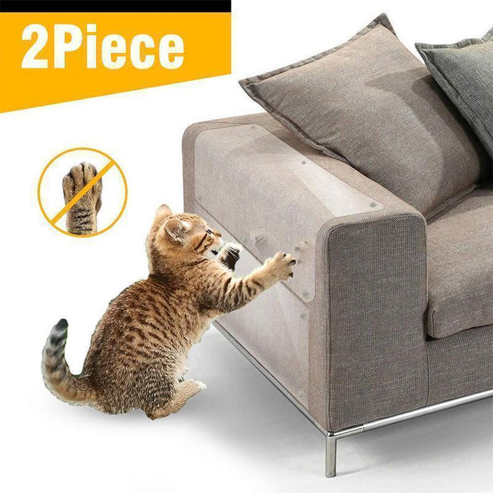 Clear Cat Furniture Protector Tape unrolled on a sofa arm, showing its transparent scratch barrier for pet protection.
