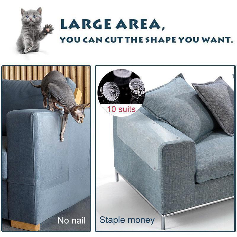 Roll of transparent cat scratch protector tape, an effective pet supply for sofa protection and furniture care.
