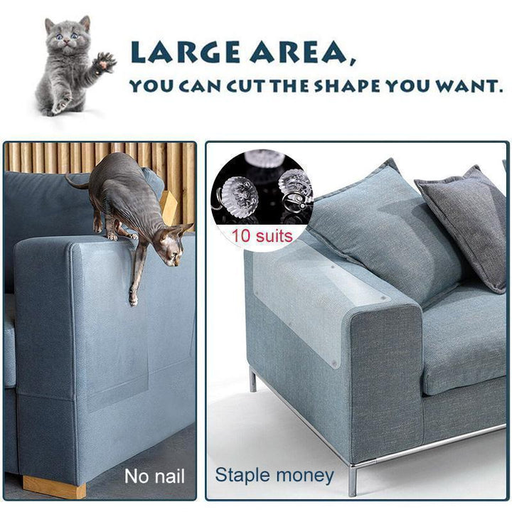 Roll of transparent cat scratch protector tape, an effective pet supply for sofa protection and furniture care.