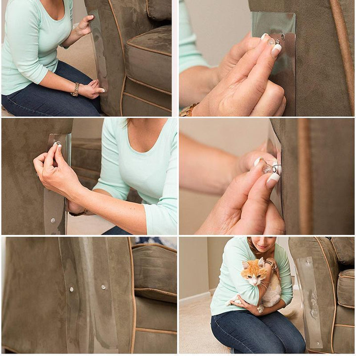Clear anti-scratch tape for furniture, a discreet pet deterrent protecting upholstery from cat claws.