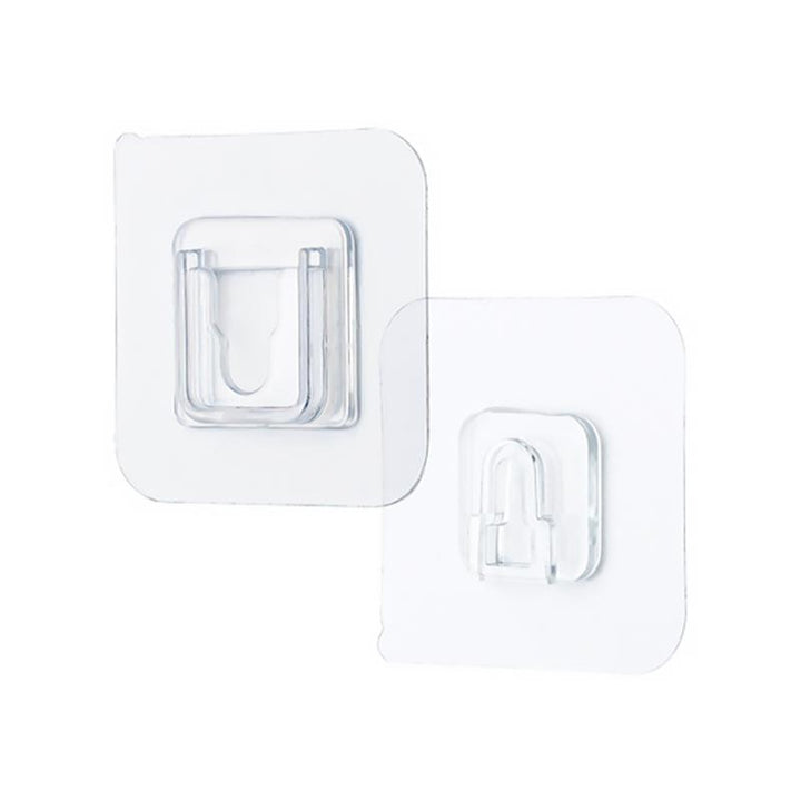 Reusable transparent adhesive hooks for kitchen storage, strong hold on smooth surfaces, easy removal