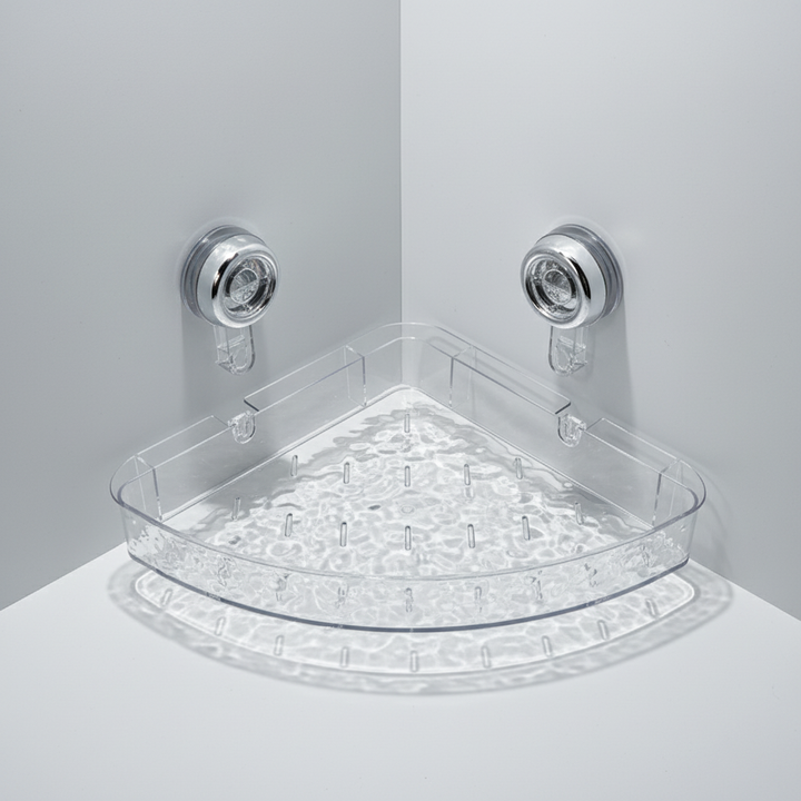 Durable clear shower organizer with no-drill suction cups, perfect for bathroom storage in humid and wet conditions.