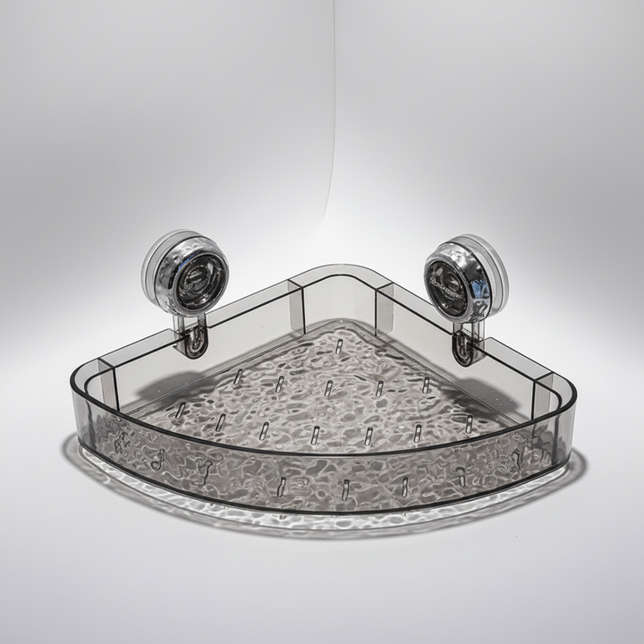 Transparent shower caddy for easy wall mounting. Ideal for organizing shampoo, soap, and bath products without drilling.