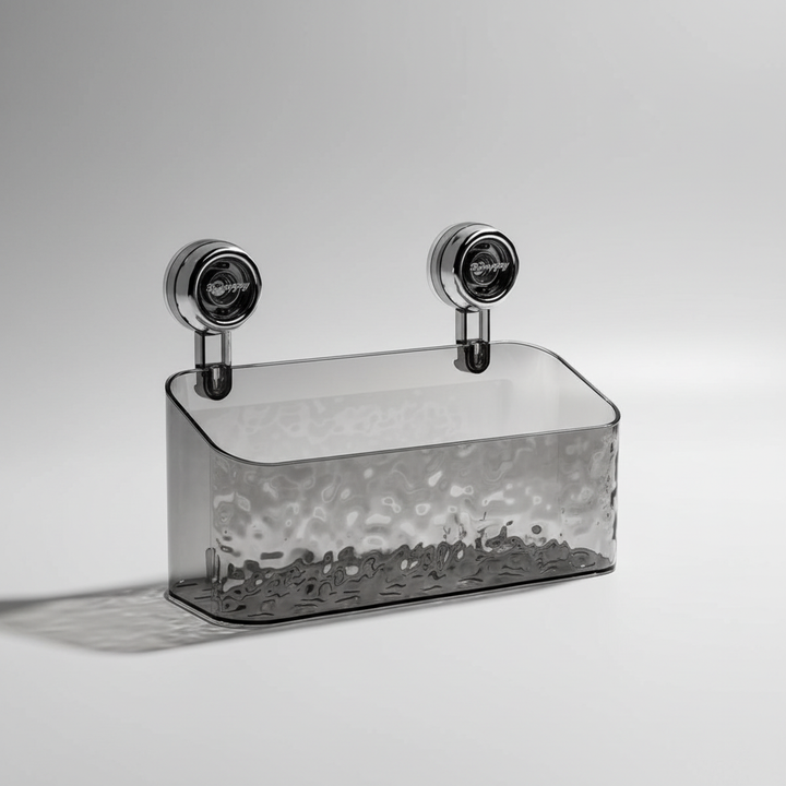 Home organization made easy: drill-free clear wall caddy for efficient storage of bathroom and kitchen essentials.