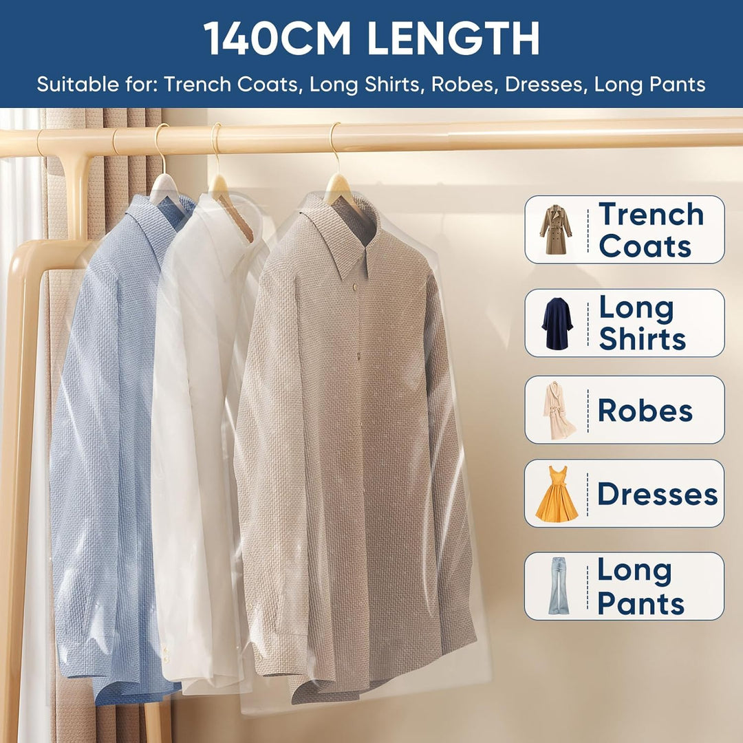 Economical 50-pack clear garment bags for comprehensive clothing protection & travel convenience.