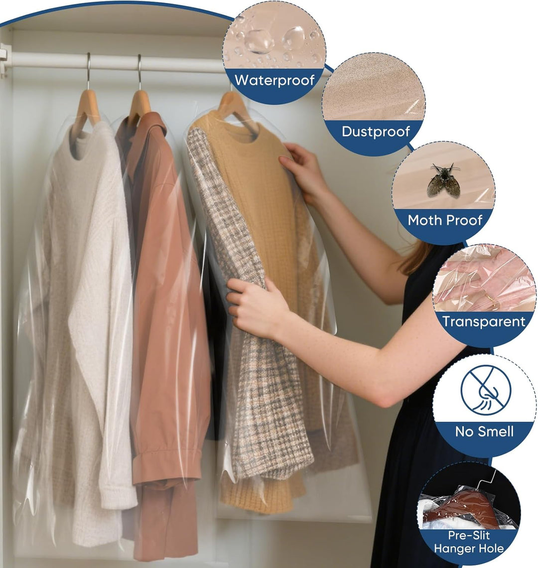 Versatile clear dust covers (50-pack) for suits, dresses, & shirts. Perfect for home storage & travel.