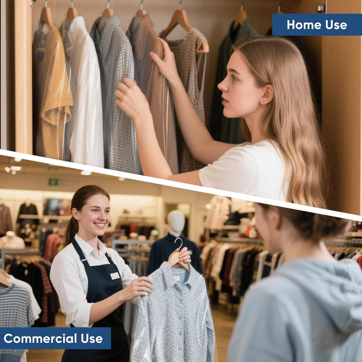 Unisex clear garment bag set for clothing protection. 50-pack dust covers for suits, dresses & storage.