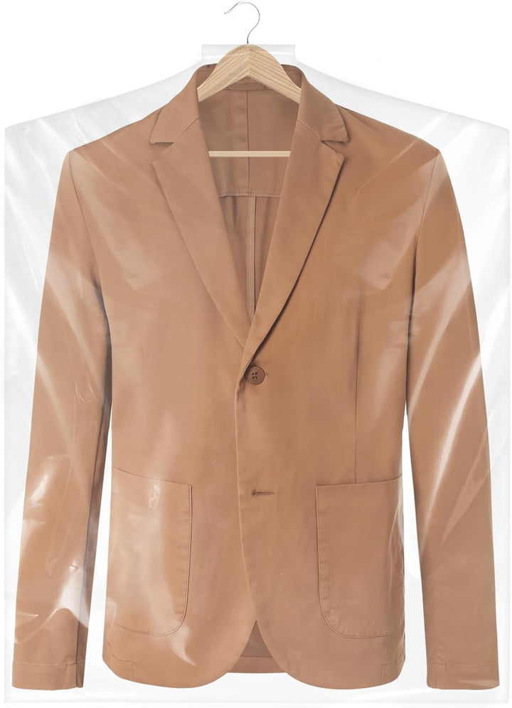 Bulk 50-pack clear garment covers. Essential for long-term clothing protection & closet organization.