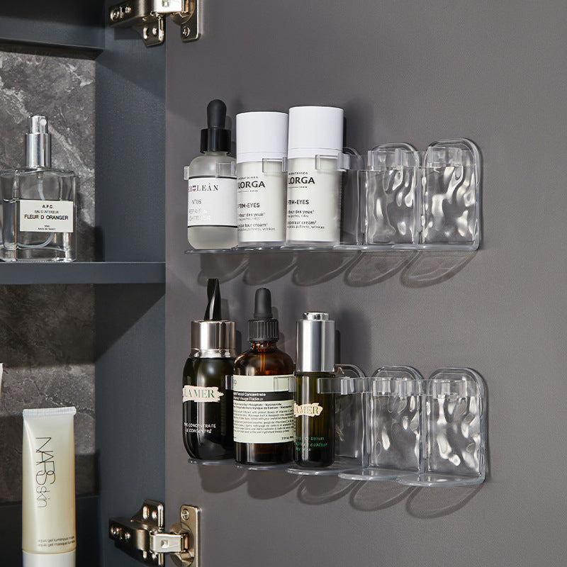 Clear multi-hook wall storage rack with no-drill design, ideal for bathroom organization.