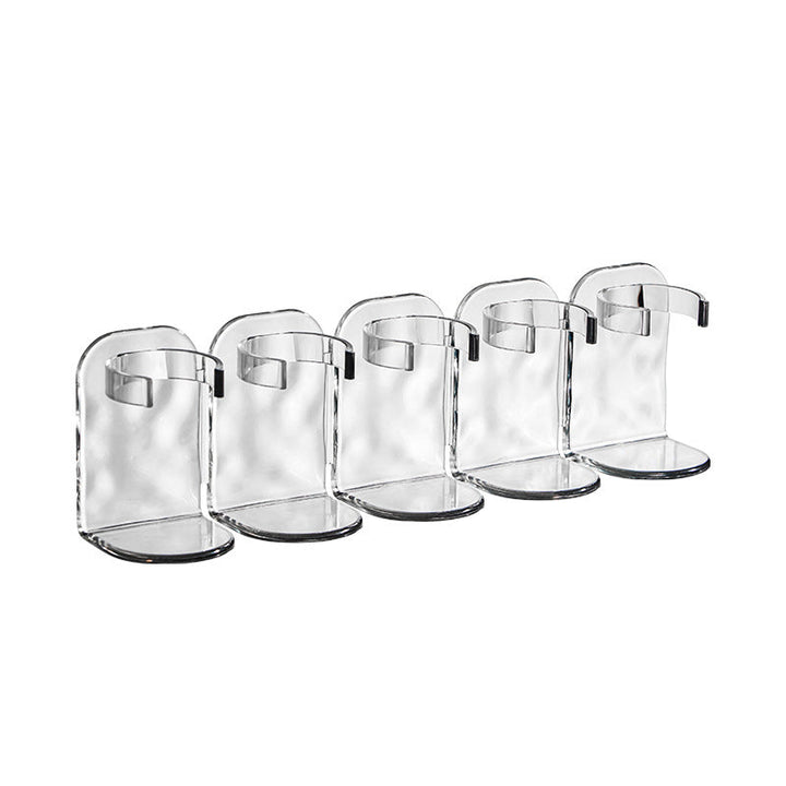 Group of clear multi-hook wall racks demonstrated in different home organizer settings.