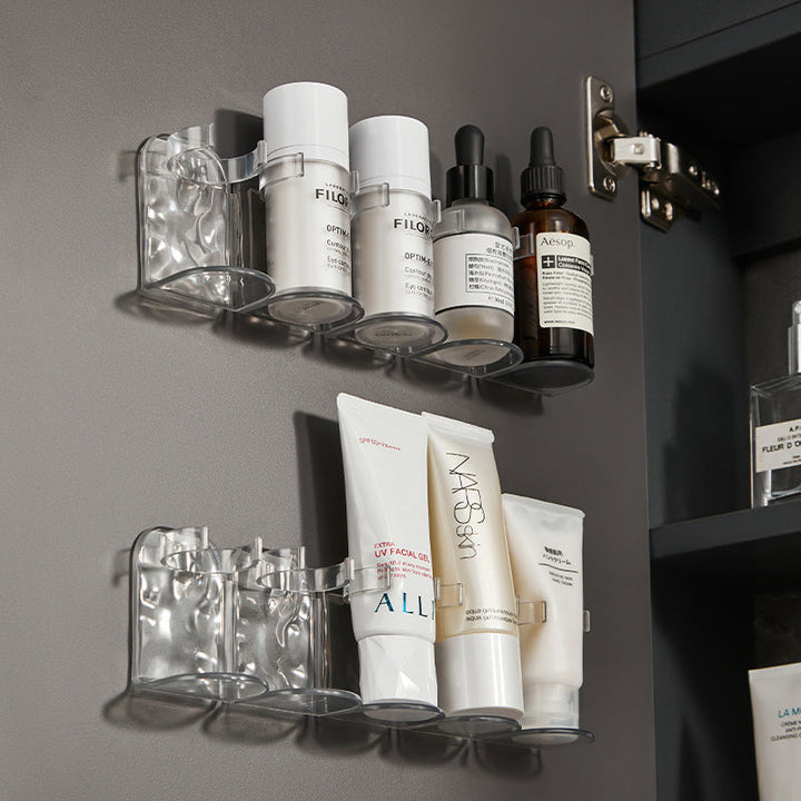 No-drill clear utility rack showing strong adhesive, perfect for damage-free wall storage.