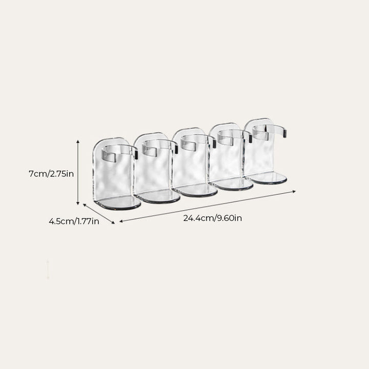 Bathroom organizer: Clear multi-hook wall rack with towels and loofahs, no-drill required.