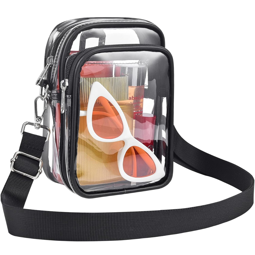 Clear PVC crossbody bag for women, stadium approved with adjustable strap.