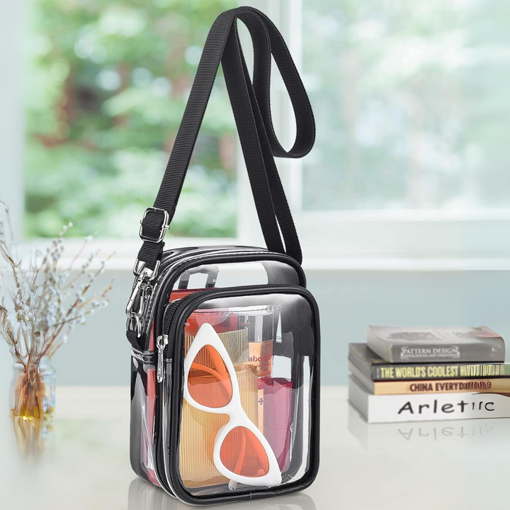 Clear shoulder purse, MiniVue transparent bag with adjustable strap for games & public events.