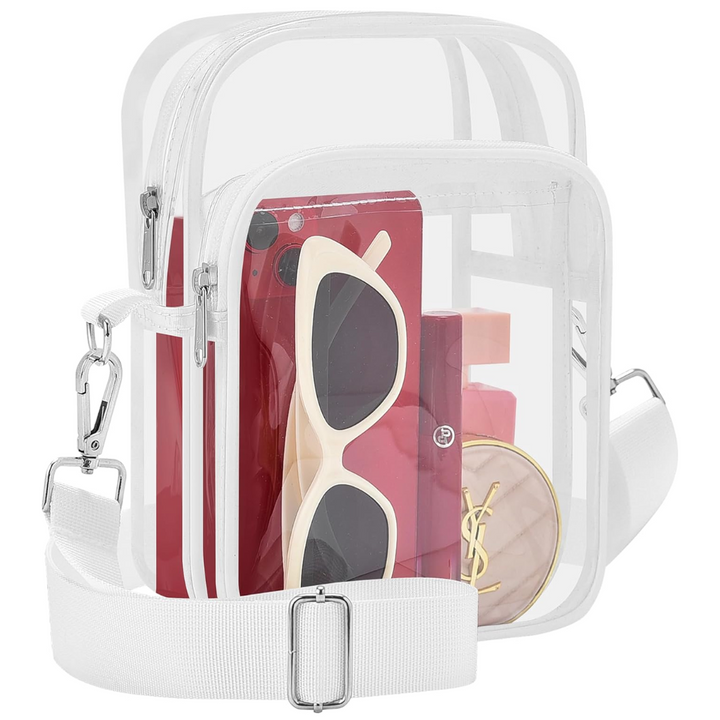 Transparent shoulder bag, MiniVue small purse for concerts & events, adjustable strap.