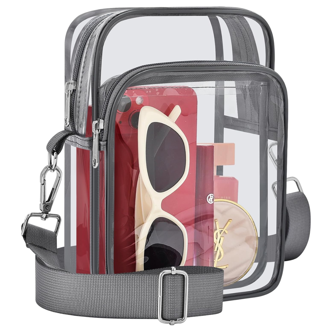 Stylish clear crossbody purse, perfect for events & concerts, features an adjustable strap.