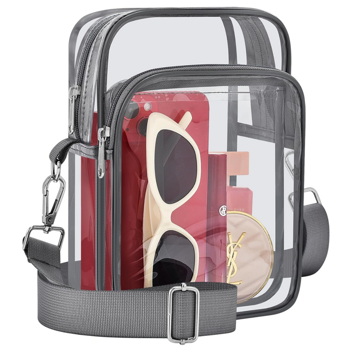 Stylish clear crossbody purse, perfect for events & concerts, features an adjustable strap.
