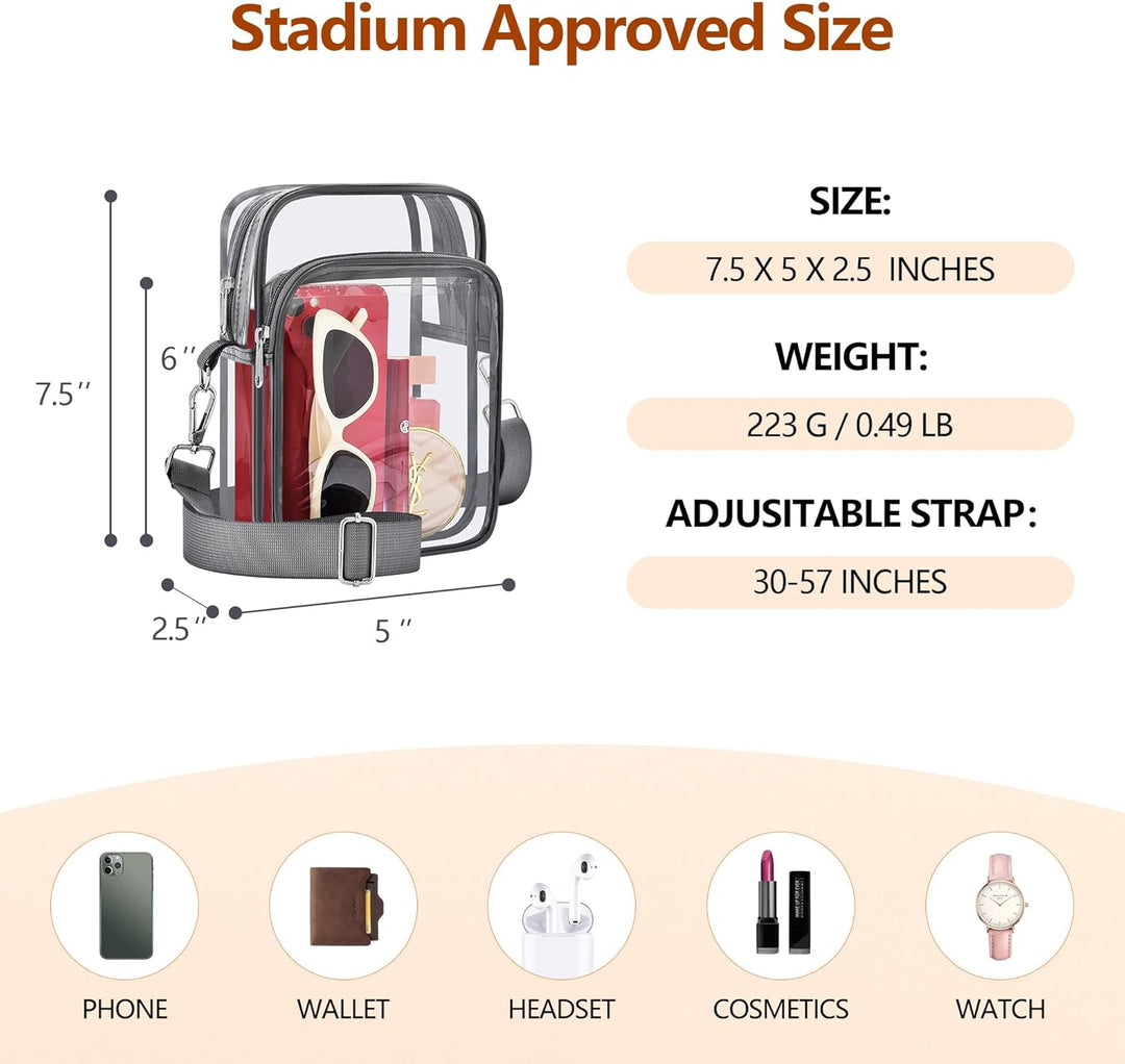 Small transparent PVC bag, ideal for stadiums & venues, women's handbag with adjustable strap.