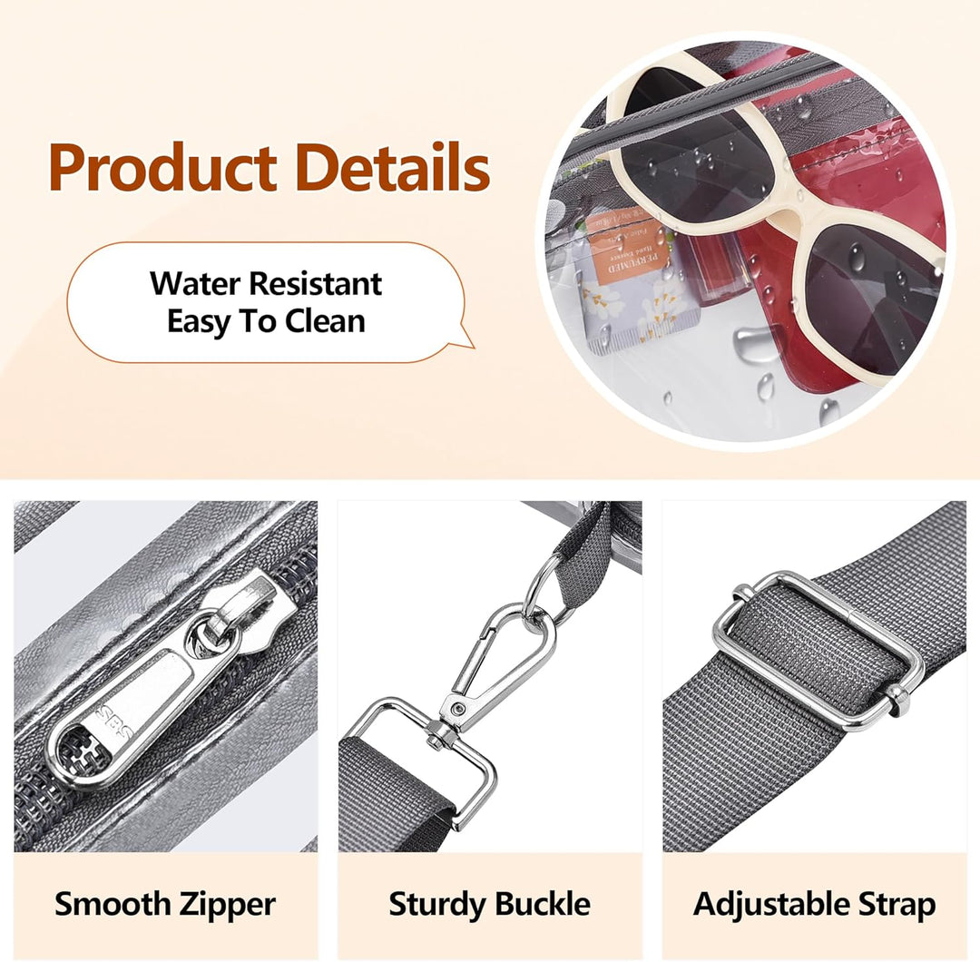 Women's transparent crossbody bag, small & stadium ready, features an adjustable shoulder strap.