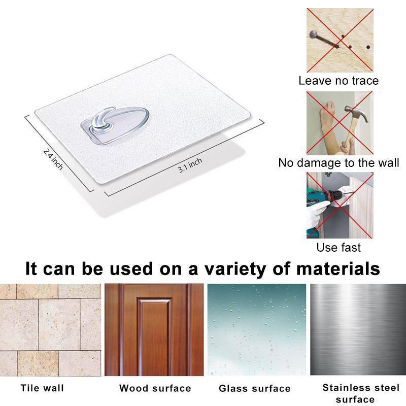 Transparent reusable sticky hook holding a towel, perfect for bathrooms & rentals, waterproof design