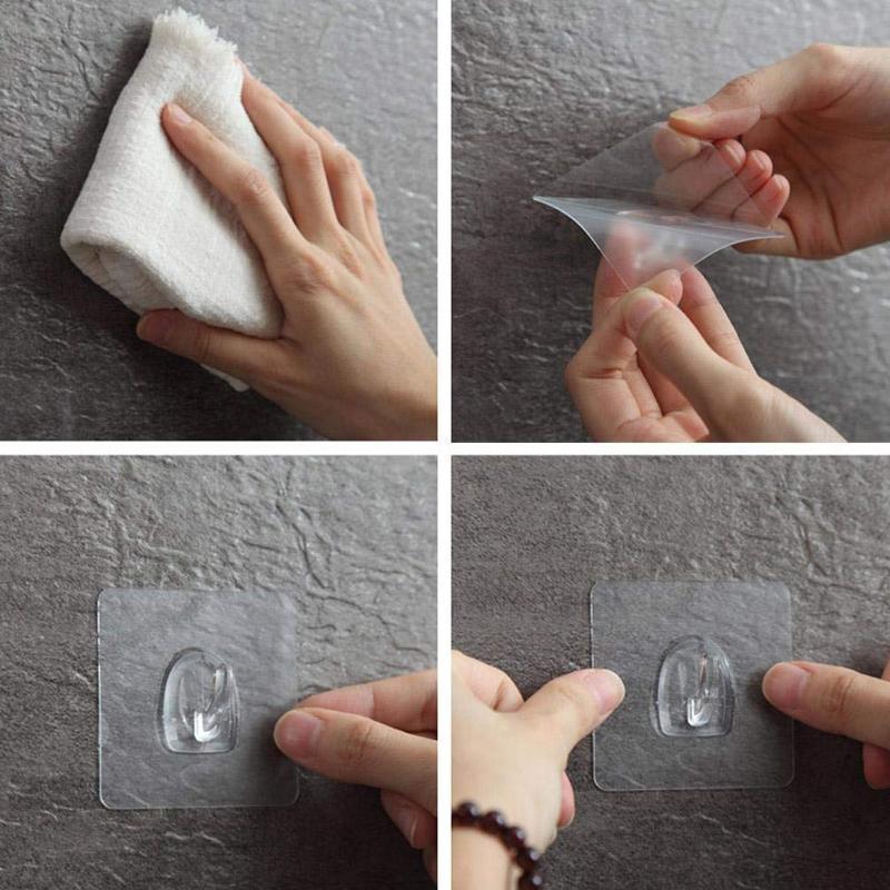 Variety of clear sticky hooks on different surfaces: tile, glass, painted wall, strong adhesion