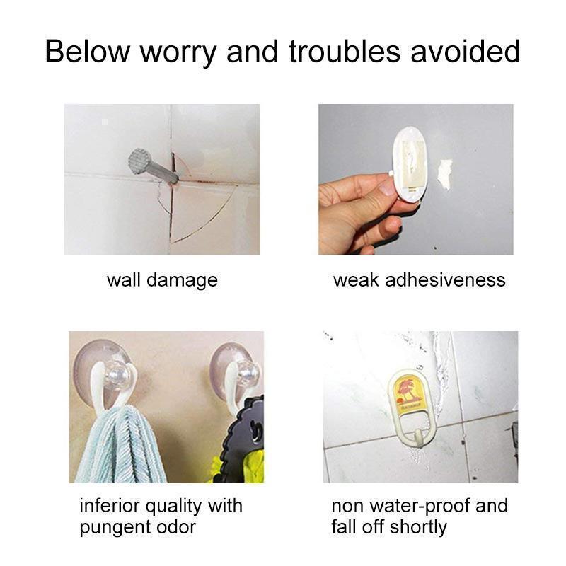 Packaging of Clear Seamless Sticky Wall Hooks, showing 10-pack, 'No Drill Solution' feature