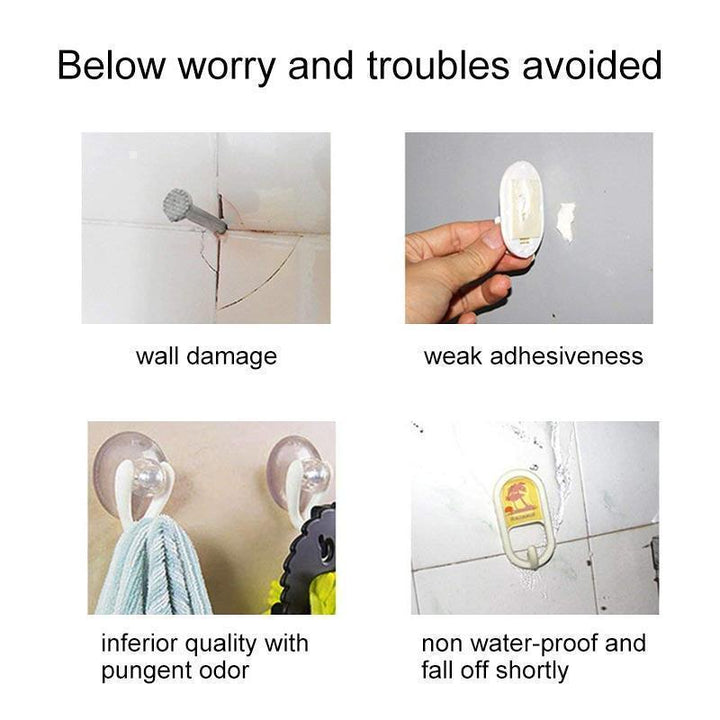 Packaging of Clear Seamless Sticky Wall Hooks, showing 10-pack, 'No Drill Solution' feature