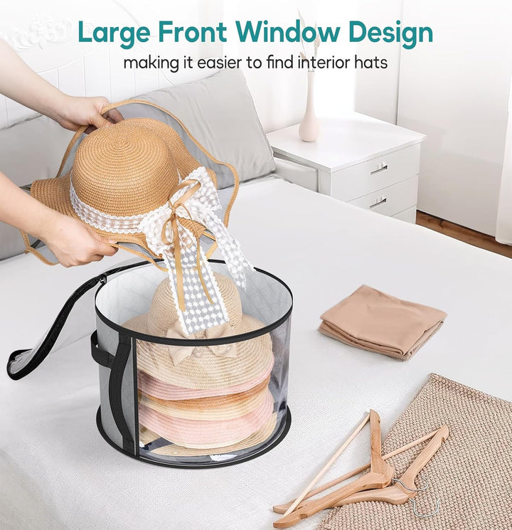 Travel-friendly clear hat storage case, keeping your wide-brim hats dust-free and organized on the go.