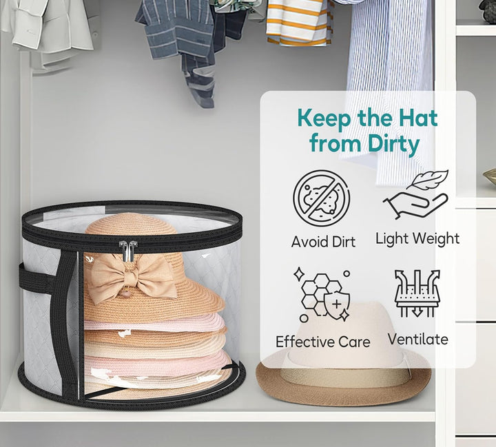 Stylish clear organizer for wide-brim hats. Keeps fedoras, cowboy hats & sun hats neatly stored and protected.