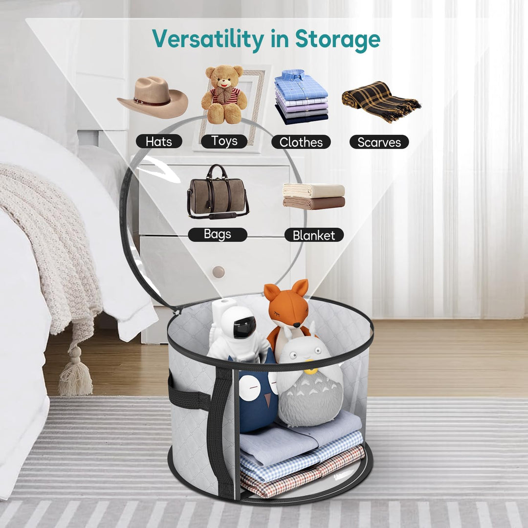 Transparent wide-brim hat storage case for easy hat selection & home organization. Fits multiple hats.