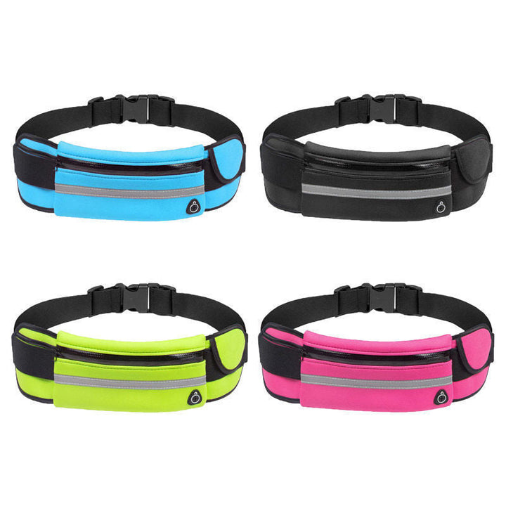 Close-up of 2 water-resistant running waist belts, black, with adjustable straps & phone holder pockets.