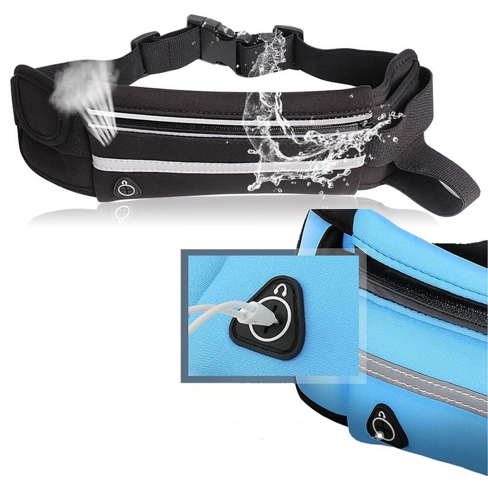 Fitness gear: two water-resistant running waist packs for men & women, with secure phone storage.