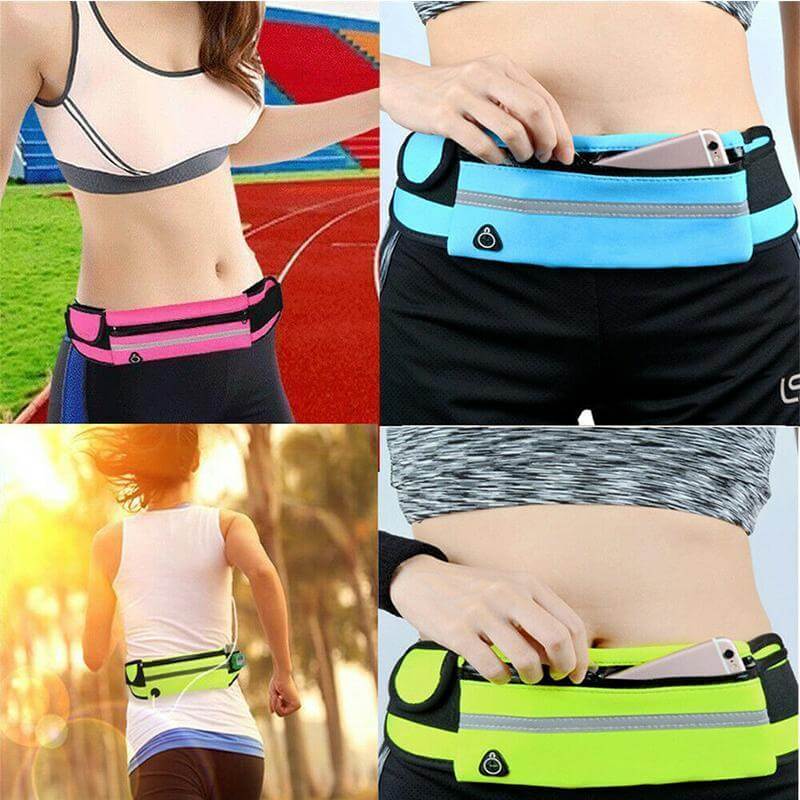 Two black sports running belts, water-resistant, featuring secure phone holder & comfortable fit.