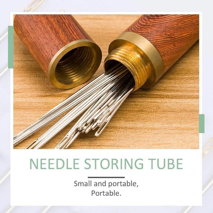 Packaging displaying a set of unisex self-threading hand sewing needles and their uses