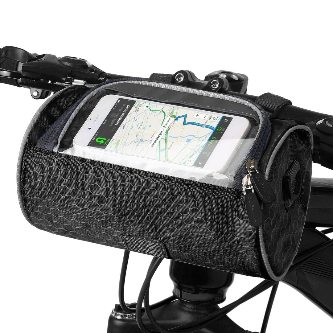 Close-up of black unisex bike handlebar bag with clear phone pocket, secure for cycling.