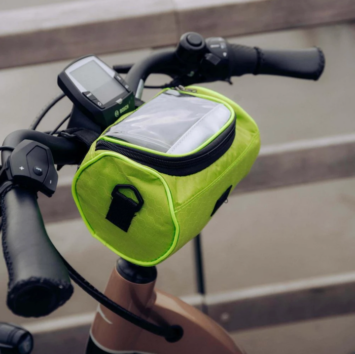 Front view of a bike handlebar bag with touch-screen phone compartment for navigation.