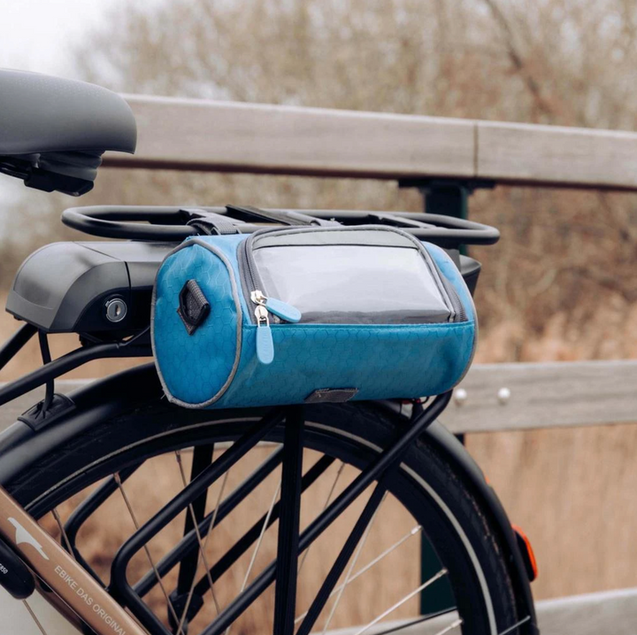Durable black cycling handlebar bag, waterproof, ideal for adventure and commuter bikes.