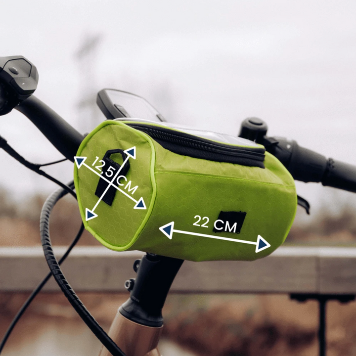 Bike handlebar bag with reflective accents, enhancing visibility for night cycling safety.